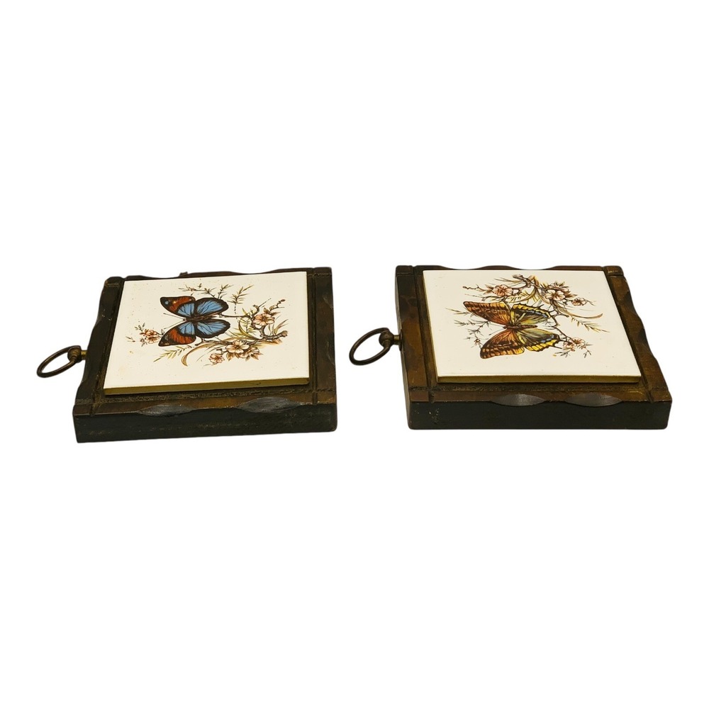 Pair Of Vintage Jerry Schultz Wood w/Ceramic Tile Butterfly Wall Hanging Trivets - Picture 5 of 6